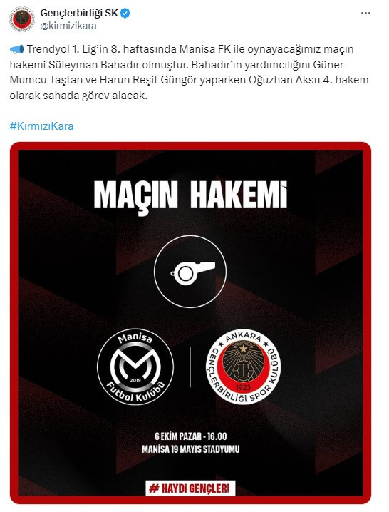 Manisa FK - Gençlerbirliği maçının hakemi belli oldu