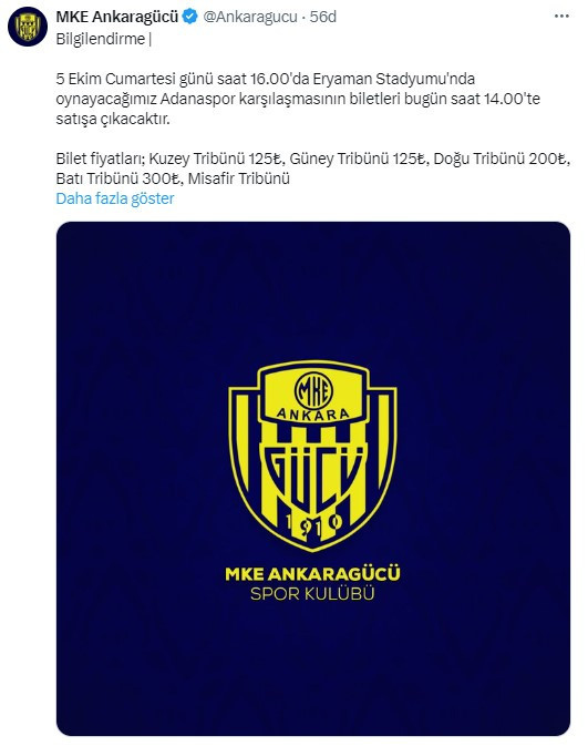 MKE Ankaragücü - Adanaspor maç bileti kaç TL, nasıl alınır, bilet fiyatı ne kadar?