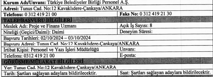 Türkiye Belediyeler Birliği KPSS şartsız 8 personel alacak!