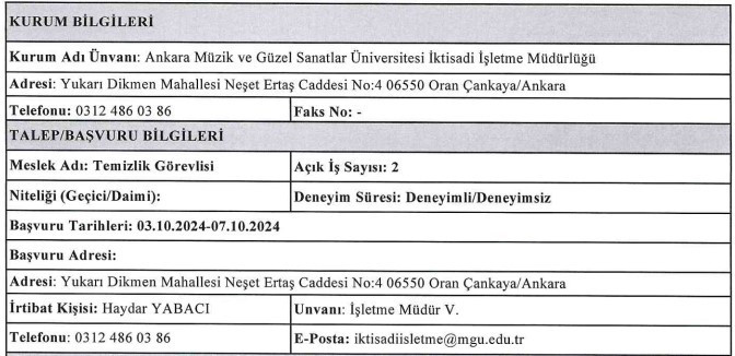 Ankara Müzik ve Güzel Sanatlar Üniversitesi duyurdu: KPSS'siz temizlik görevlisi alımı