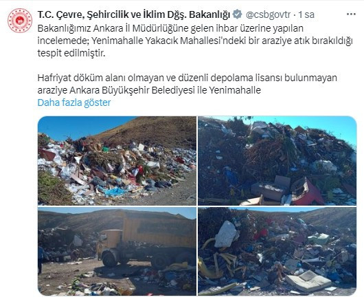 Bakanlıktan Ankara Büyükşehir ve Yenimahalle Belediyesi'ne kaçak döküm cezası!