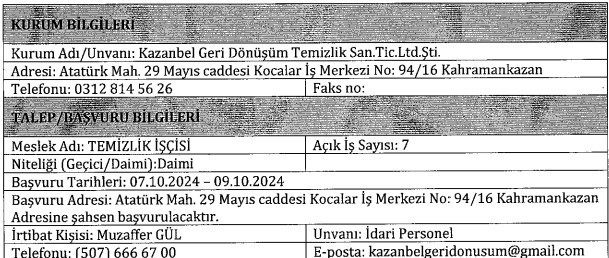 Ankara Kazanbel bünyesine 12 temizlik görevlisi alacak