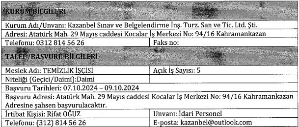 Ankara Kazanbel bünyesine 12 temizlik görevlisi alacak - Resim : 2