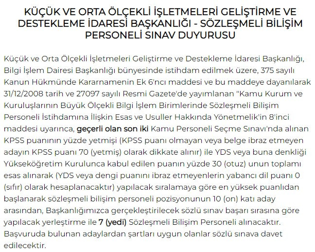 KOSGEB sözleşmeli bilişim personeli alıyor: Şartlar belli oldu