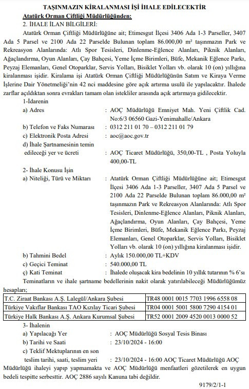 Ankara AOÇ parkı ve rekreasyon alanı 10 yıllığına kiraya verilecek!