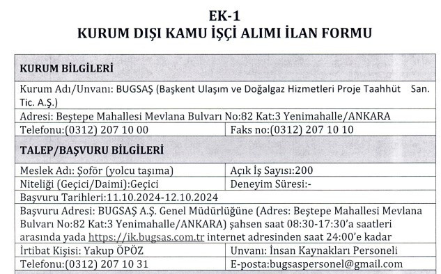 Ankara BUGSAŞ 18-45 yaş arası 200 şoför alım ilanı yayımladı: Başvurular bugün başladı