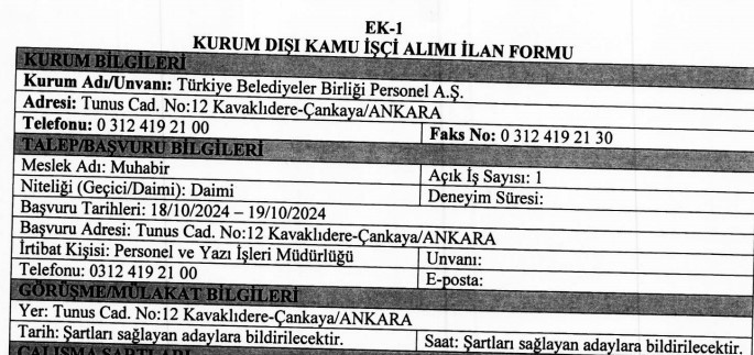 Türkiye Belediyeler Birliği Ankara’da ikamet eden personel alıyor