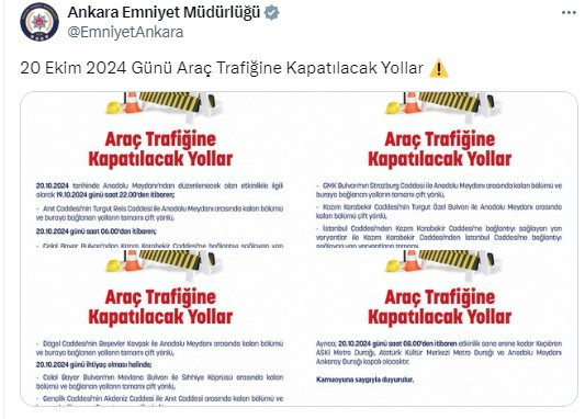 Ankara'da bugün trafiğe kapalı yollar ve metro hatları: 20 Ekim kapanan yollar saat kaçta açılacak?