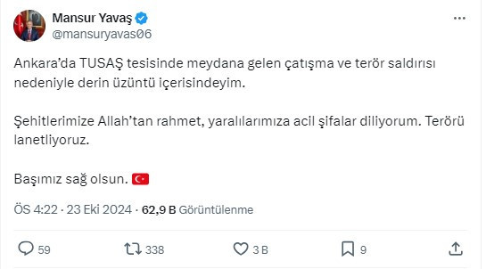 ABB Başkanı Yavaş'tan Tusaş saldırısı sonrası başsağlığı ve kınama mesajı