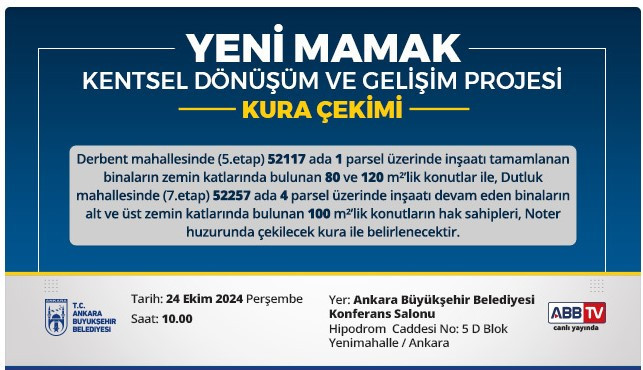 ABB Yeni Mamak Kentsel Dönüşüm kura çekilişi sonuçları isim listesi 24 Ekim 2024