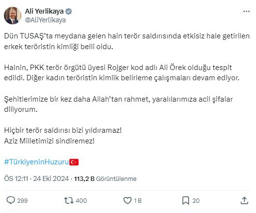 Bakan Yerlikaya TUSAŞ'a saldıran teröristlerin kimliklerini açıkladı