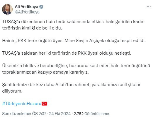 Bakan Yerlikaya: TUSAŞ'a saldıran kadın teröristin kimliği de belli oldu!