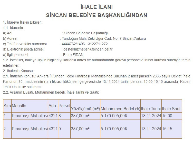 Sincan Belediyesi'nden satılık arsa ve işyeri kiralama ihalesi