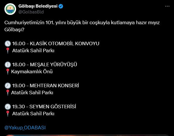 Gölbaşı Belediyesi Cumhuriyet Bayramı kutlamaları için 4 etkinlik hazırladı