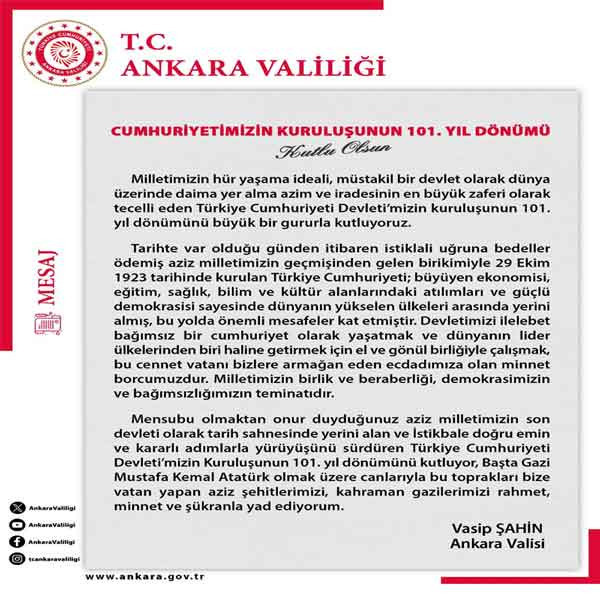 Ankara Valisi Şahin'den Cumhuriyetin 101. Yıl Dönümü Kutlama Mesajı