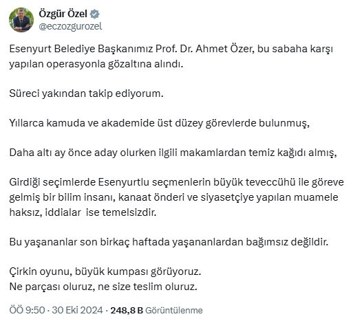 Özgür Özel'den Esenyurt Belediye Başkanı Özer'in gözaltına alınmasına tepki