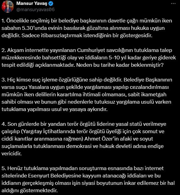 ABB Başkanı Yavaş’tan Ahmet Özer sözleri: "Tutuklanması usul ve yasaya aykırıdır"