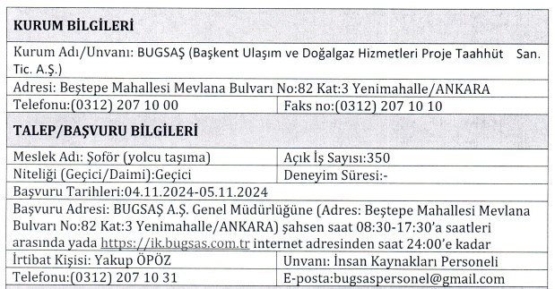 Ankara Büyükşehir Belediyesi BUGSAŞ 350 şoför alımı yapacak: Başvurular başladı