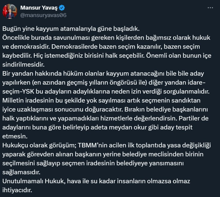 ABB Başkanı Mansur Yavaş kayyum atamaları yerine çözüm önerisinde bulundu