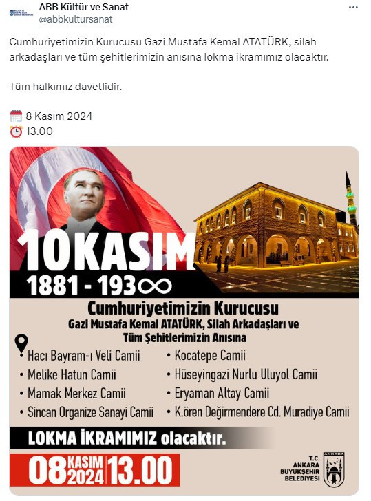 Ankara Büyükşehir Belediyesi Atatürk ve şehitler anısına lokma dağıtacak!