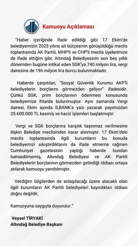 Altındağ Belediye Başkanı Veysel Tiryaki'den AK Partili belediyeler kayırılıyor iddiasına yanıt