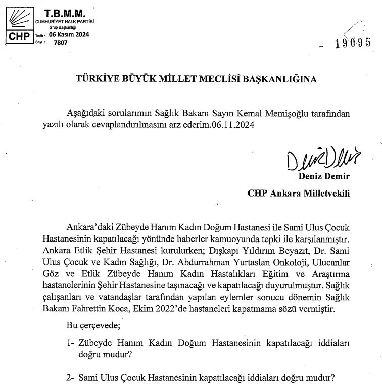 Ankara Milletvekili Deniz Demir sordu: Zübeyde Hanım ve Sami Ulus Çocuk Hastanesi kapanacak mı?