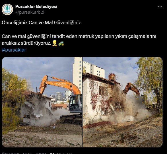 Pursaklar Belediyesi can güvenliğini tehdit eden metruk yapıları yıkıyor