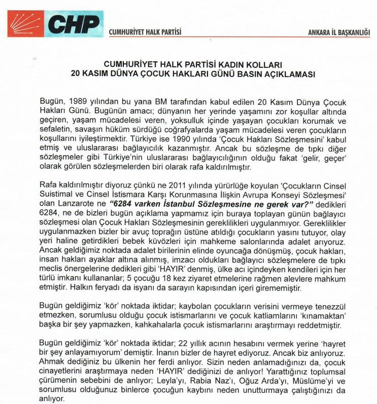 CHP Kadın Kolları'ndan 20 Kasım Dünya Çocuk Hakları Günü açıklaması