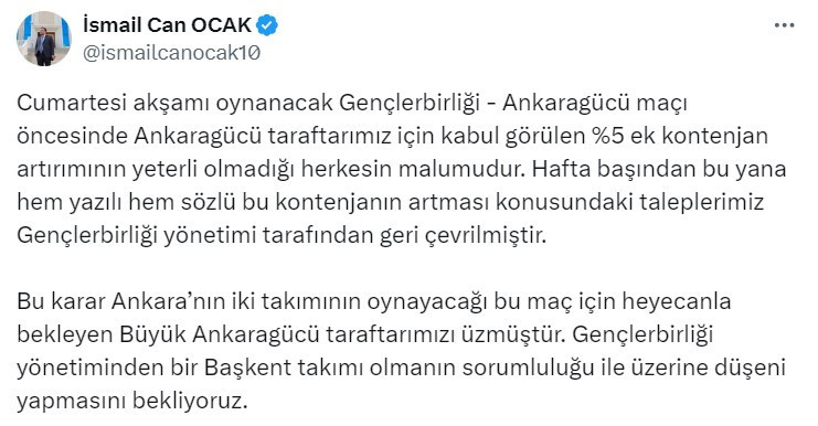 Ankaragücü Yöneticisi İsmail Can Ocak'tan başkent derbisi için ek kontenjan itirazı açıklaması