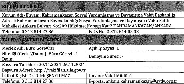 Kahramankazan SYDV büro görevlisi alımı yapacak