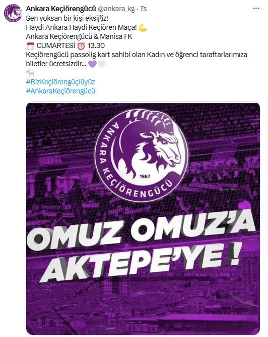 Ankara Keçiörengücü - Manisa FK maçında biletler kadın ve öğrencilere bedava!