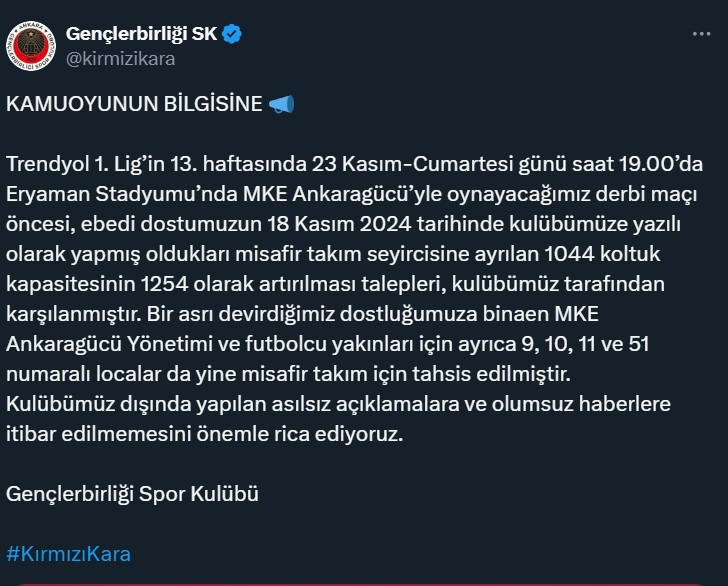 Gençlerbirliği, Ankaragücü'nün bilet talebi iddialarına son noktayı koydu