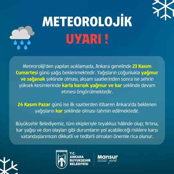 Mansur Yavaş'tan Ankaralılara meteorolojik uyarı: Kar yağışı geliyor!