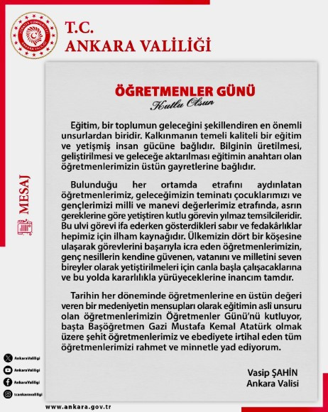 Ankara Valisi Vasip Şahin’den 24 Kasım Öğretmenler Günü mesajı