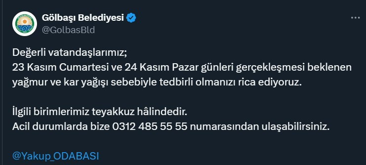 Gölbaşı Belediyesi yağışlara karşı uyardı: Teyakkuz halindeyiz