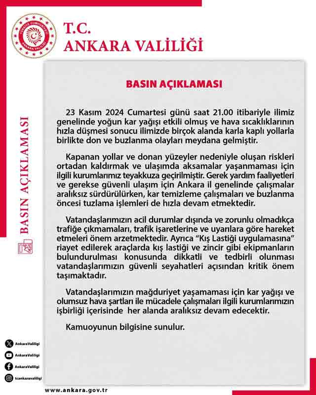 Ankaralılar dikkat! Ankara Valiliği kar yağışı sonrası yeni uyarı mesajı yayımladı