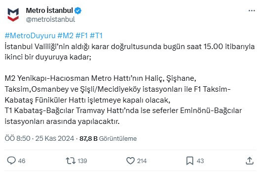 İstanbul'da bugün hangi metrolar kapalı, İstanbul metrosu metro neden kapalı, kapatıldı?