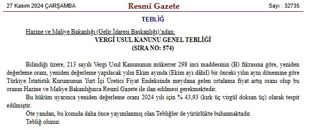 2024 yılı Yeniden Değerleme Oranı Resmi Gazete'de yayımlandı!