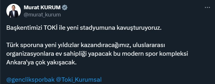 Bakan Kurum paylaştı: Yeni Ankara 19 Mayıs Stadyumu koltukları kırmızı beyaz!