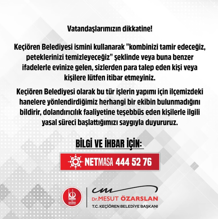 Keçiören Belediyesi dolandırıcıların yeni yöntemini ifşa etti