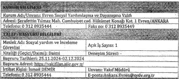 Ankara Evren’de sosyal yardım ve inceleme görevlisi alınıyor