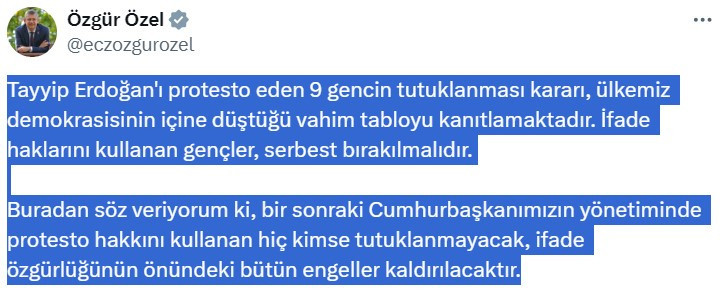 Cumhurbaşkanı Erdoğan'ı protesto eden 9 kişinin tutuklanmasına Özgür Özel'den tepki