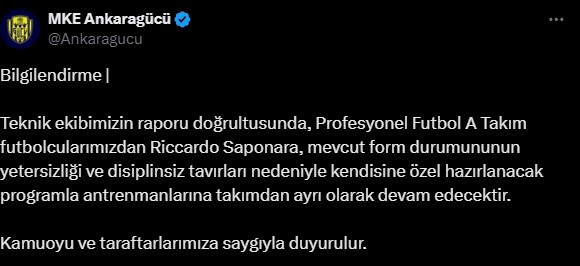 Ankaragücü'nde Saponara şoku: Bir kez daha kadro dışı bırakıldı