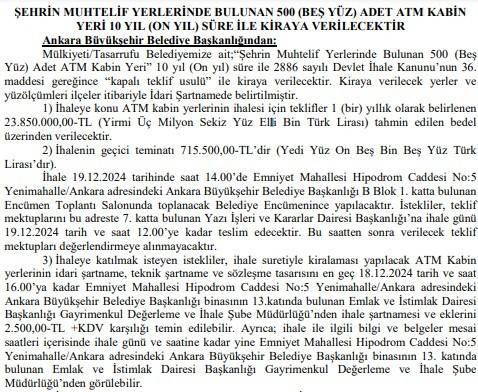 Ankara Büyükşehir Belediyesi 500 ATM kabin yerini ihale ile kiraya verecek