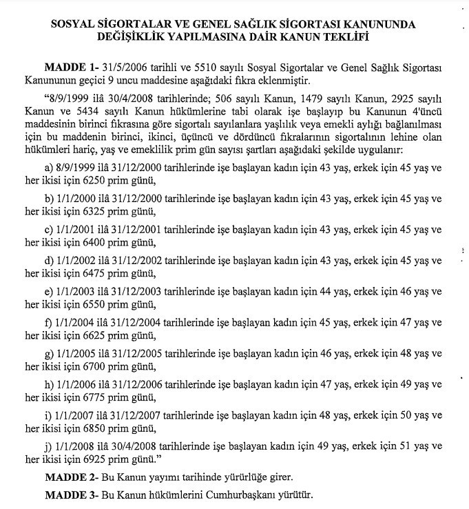 Kanun teklifi verildi! İlk işe giriş tarihi 1999 -2008 arası olanlara kademeli emeklilik tablosu