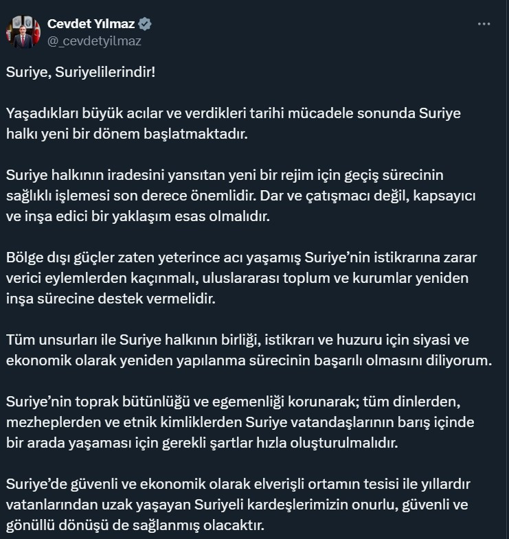 Cumhurbaşkanı Yardımcısı Yılmaz: Suriye halkıyla dayanışma içerisinde olacağız