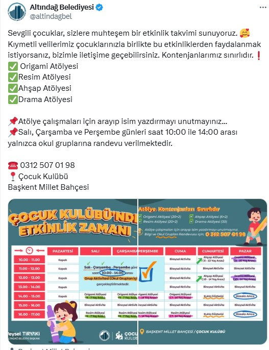 Altındağ Belediyesi'nden ücretsiz origami, ahşap, resim, drama atölyesi