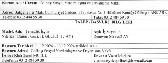 Gölbaşı SYD Vakfı temizlik işçisi alımına başladı