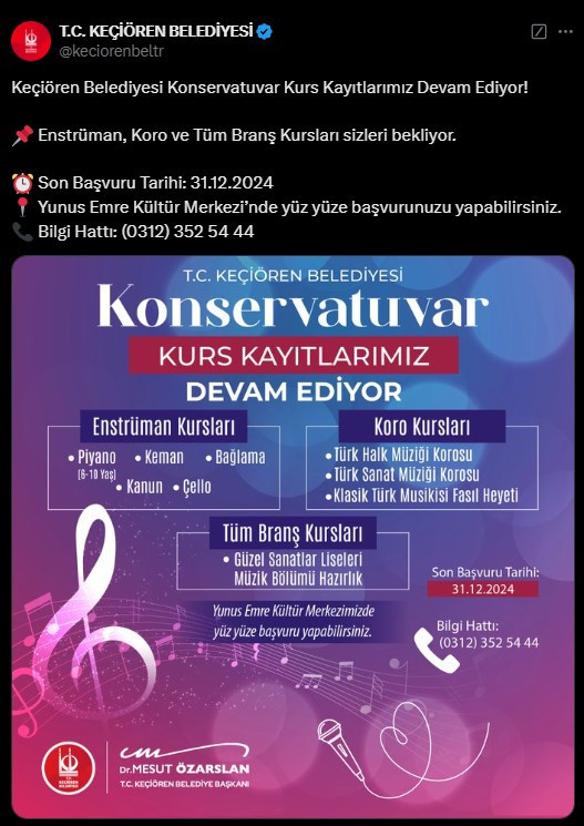 Keçiören Belediyesi konservatuvar kurs kayıtları sürüyor!