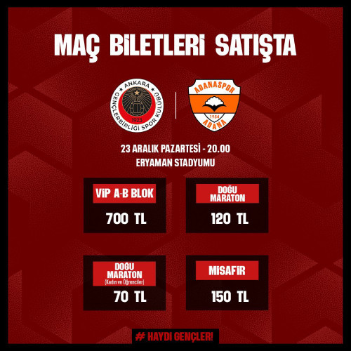 Gençlerbirliği Adanaspor maç biletlerini satışa çıkardı